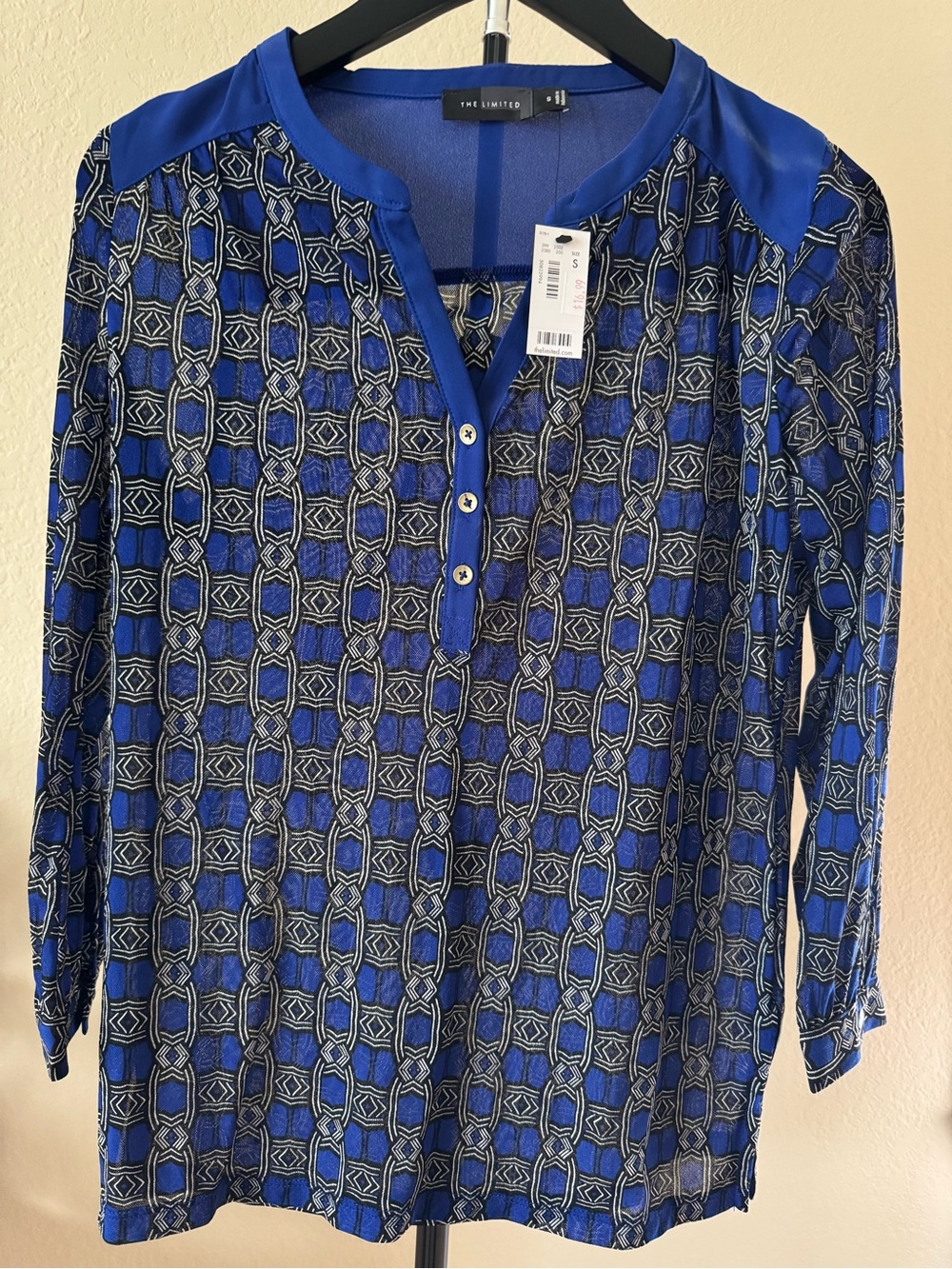 The Limited Royal Blue Geometric Henley Long Sleeve Top
